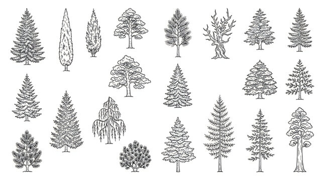 Set of different green trees and pine cones illustration