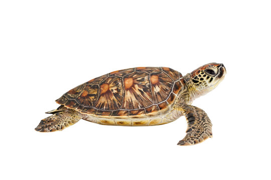 A detailed side view of a small sea turtle swimming, featuring a patterned brown shell and textured skin, isolated on a white background