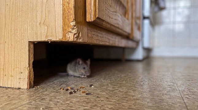 Small wild mouse foraging for seeds under a chewed wooden kitchen cabinet.