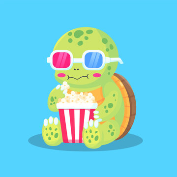 Cute Cartoon Turtle Eating Popcorn While Wearing Sunglasses