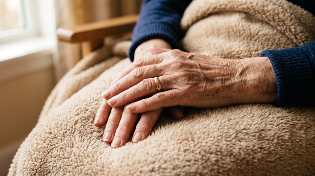 Elderly hands resting peacefully on a soft blanket, symbolizing comfort and the passage of time in a cozy home setting.