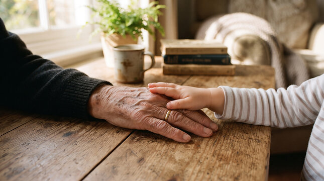 Toddler hand touching elderly person wrinkled hand on rustic wooden table for intergenerational bonding and family heritage concept at home.