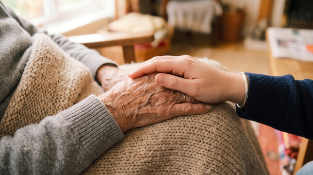 Elderly wrinkled hand of a senior citizen covered in a warm knitted blanket gently held by a younger caregiver showing support.