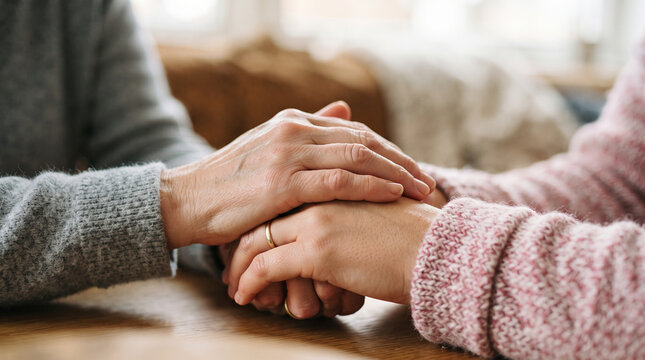 Two women's hands clasped, showing friendship, support, and deep emotional connection in a warm indoor environment.