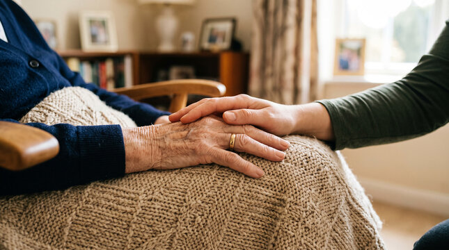 Person wearing dark blue sweater holding hands of elderly individual for support while sitting together in wooden armchair at home.
