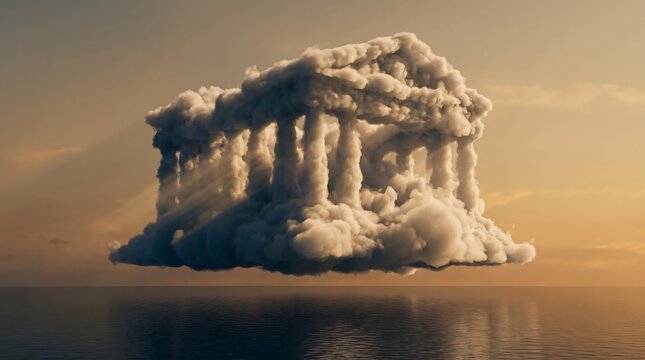 Surreal cloud sculpture floating above calm ocean, architectural classical form with cinematic golden light, abstract wallpaper concept