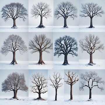 Collection of deciduous trees in winter snow with frozen trees snowy landscape winter scenery cold weather cold season outer space deciduous branches landscape silhouette