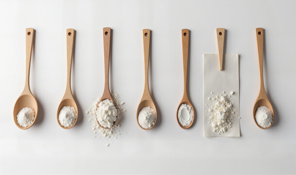 Wooden measuring spoons with salt and sugar on white background wide