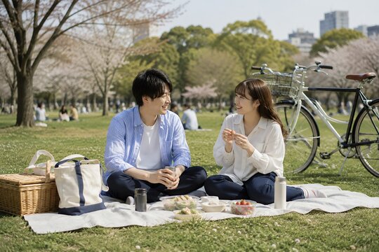 Young japanese couple enjoying spring picnic date in urban park
