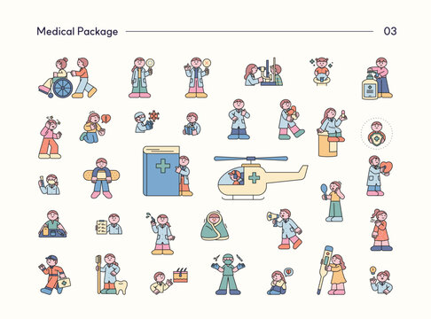Medical character collection featuring doctors, patients, emergency care, treatment, rehabilitation and various healthcare situations.
