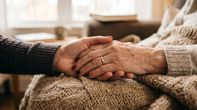 Younger caregiver hand holding senior citizen hand with golden ring on textured knitted blanket representing hospice and comforting support.