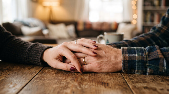 Couple holding hands over wooden table in cozy living room setting representing partnership trust and romantic connection during conversation.