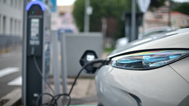 Electric car charging at public street station during daylight hours.