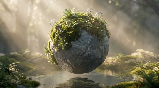Surreal floating stone sphere covered with moss and ferns above reflective water, contemporary nature art wallpaper concept