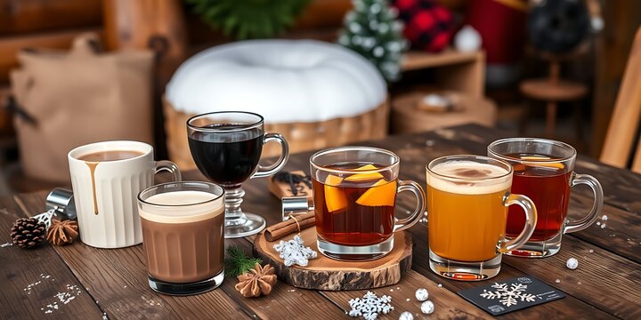 Assortment of warm winter drinks in mugs and glasses on a rustic wooden table with mulled wine hot chocolate hot toddy holiday drinks seasonal drinks winter refreshments beverages