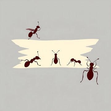 Silhouette of ants on a beige strip with animal kingdom swarm behavior silhouette creature wildlife teamwork insectoid entomology illustration isolated background movement