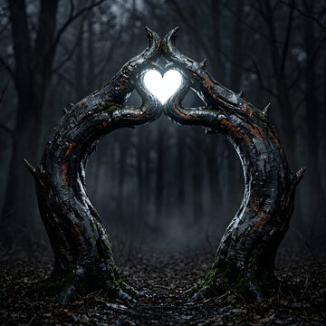 
Dark fantasy romantic heart-shaped tree arch with glowing city skyline background
