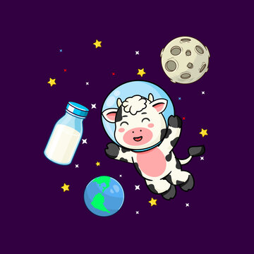 Cute Astronaut Cow Floating in Space With Milk Vector Illustration