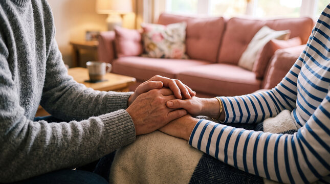 Two people in striped sweaters clasping hands together for shared support and reassurance during quiet moment inside bright living area.