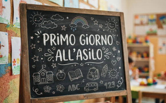 Primo giorno all'asilo lavagna con scritta in italiano, concetto di educazione scolastica e ritorno a scuola per bambini