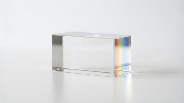 Clear glass prism splitting light into rainbow colors on side