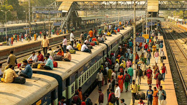 Authentic South‑Asia Railway Scene, Crowded Train with Passengers on Roof at Busy Station