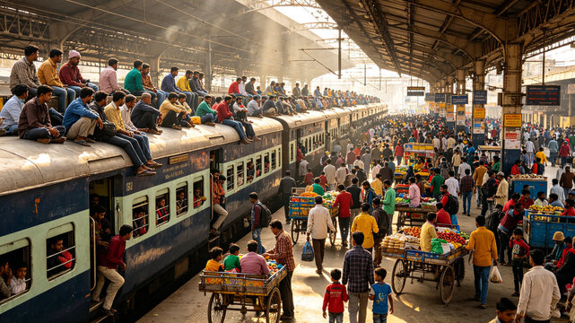 Authentic South‑Asia Railway Scene, Crowded Train with Passengers on Roof at Busy Station