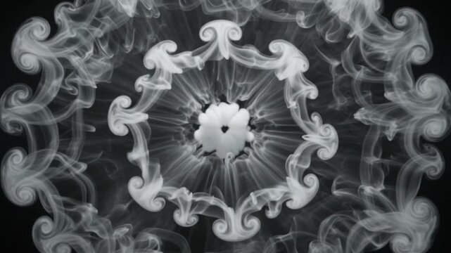 Circular white ink cloud dispersing underwater on black background