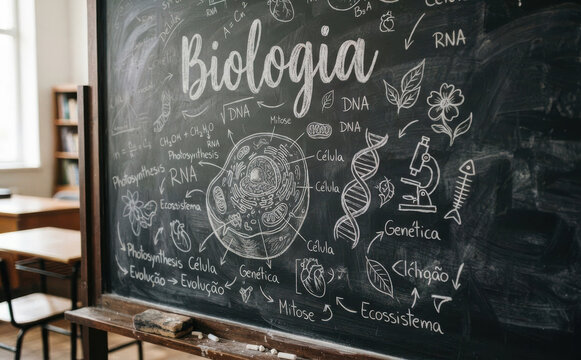 Biologia lavagna scolastica con disegni di scienza e genetica per educazione e studio