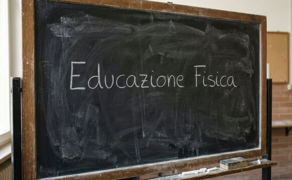 Educazione Fisica scritto sulla lavagna in una scuola italiana concetto di sport e insegnamento scolastico