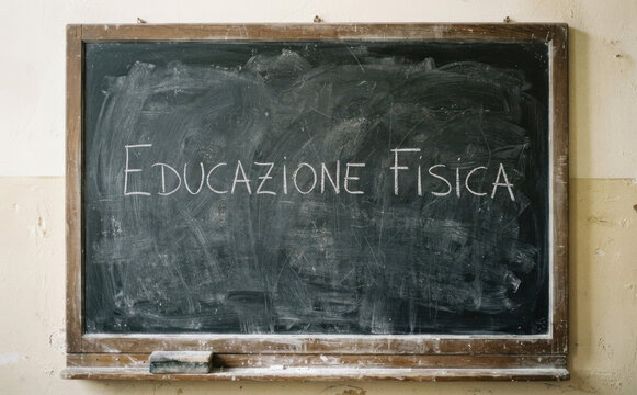 Educazione Fisica scritta alla lavagna con gesso, concetto di scuola sportiva e ora di ginnastica scolastica