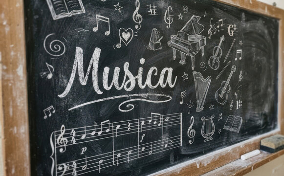 Musica lavagna scolastica con spartiti e strumenti musicali per educazione artistica e lezioni