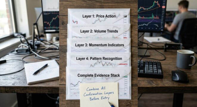 Layered Trading Strategy Documents and Notes on a Wooden Desk