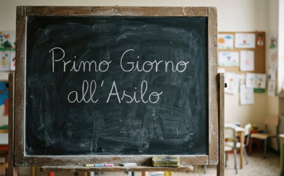 Primo Giorno all Asilo scritto sulla lavagna per il ritorno a scuola e la educazione infantile