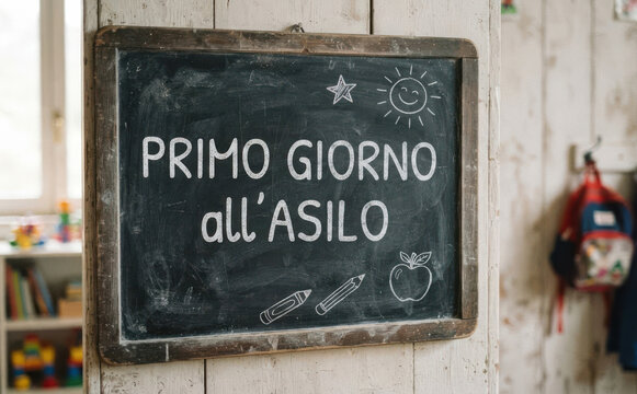 PRIMO GIORNO all ASILO scritta su lavagna per ritorno a scuola e infanzia