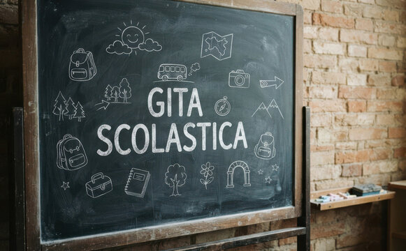 GITA SCOLASTICA Lavagna con scritta e disegni per educazione e viaggio d'istruzione degli studenti