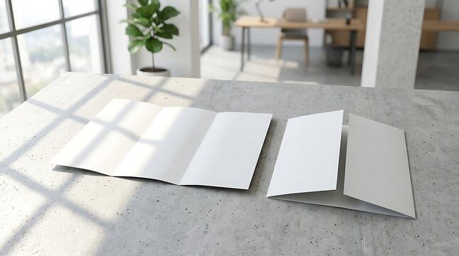 Blank tri-fold brochure mockups displayed on a modern concrete desk in an office