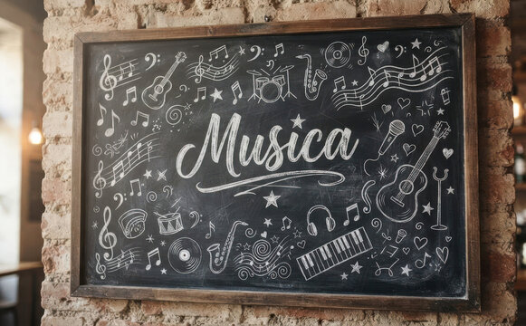 Lavagna con la scritta Musica e disegni di strumenti musicali perfetti per bar e locali