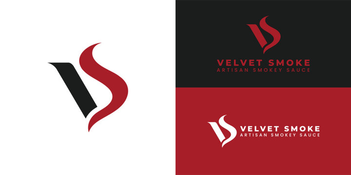 Minimalist abstract logo combining stylized black and red shapes into a smooth 'VS' mark on a white background, evoking dynamic movement, heat, and smoke for a modern sauce product branding.