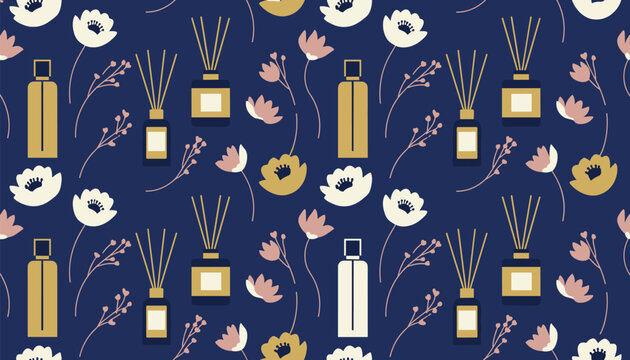Beautiful seamless pattern of luxury perfume bottles, reed diffusers, and delicate flowers on a dark blue background.