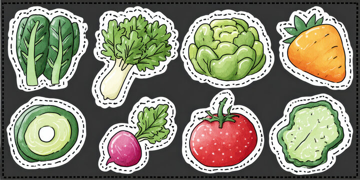 Fresh Vegetable Stickers: A vibrant collection of hand-drawn vegetable illustrations, presented as individual stickers, featuring a variety of healthy produce including spinach, celery, artichoke.