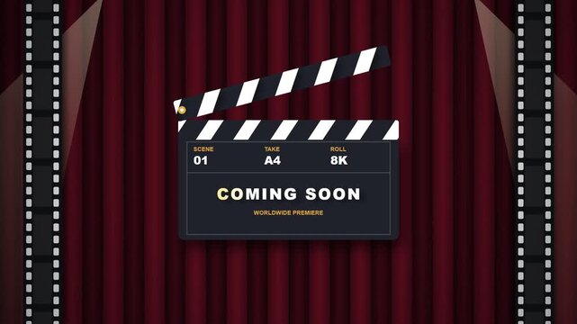 Movie clapperboard with coming soon text on red theater curtains background