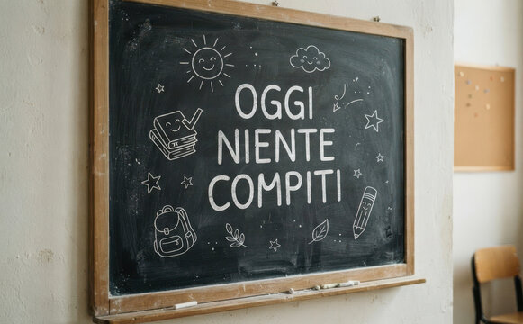 Oggi niente compiti lavagna scuola messaggio positivo per studenti e bambini felici