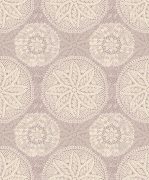 Seamless sophisticated beige and pink gray abstract texture with high-quality elegant geometric crochet lace doily patterns and fine knitted mesh surface