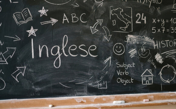 Inglese lavagna scolastica con parole e disegni per educazione e studio