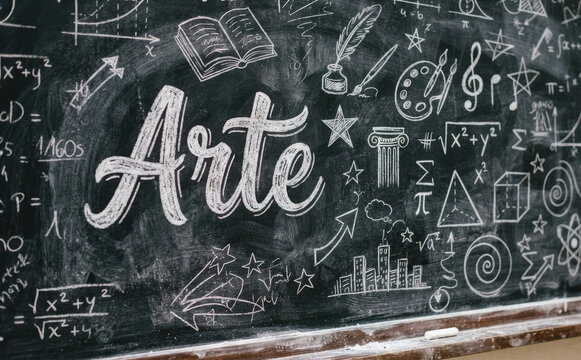 Arte scritta sulla lavagna con formule matematiche e disegni educativi per progetti scolastici