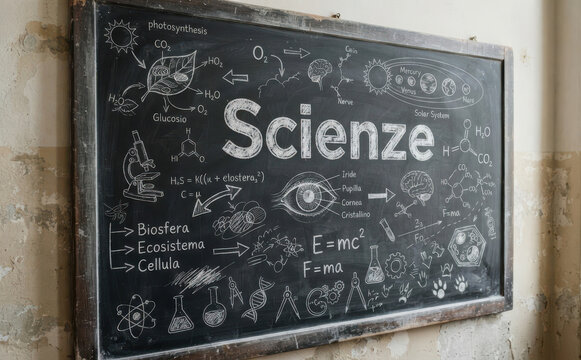 Scienze lavagna scolastica con formule e disegni scientifici per educazione e studio della fisica e biologia