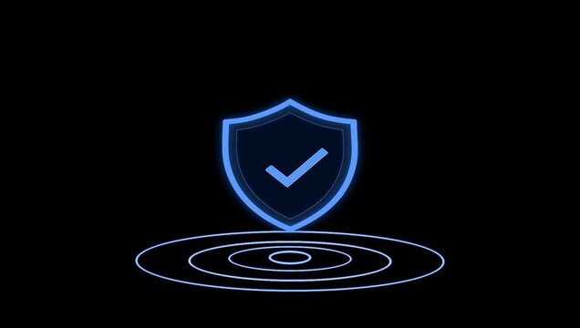 Blue Shield Security Icon with Check Mark on Black Background