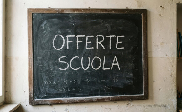 OFFERTE SCUOLA lavagna con scritta promozionale e formule matematiche per sconti e promozioni commerciali dello shopping studentesco