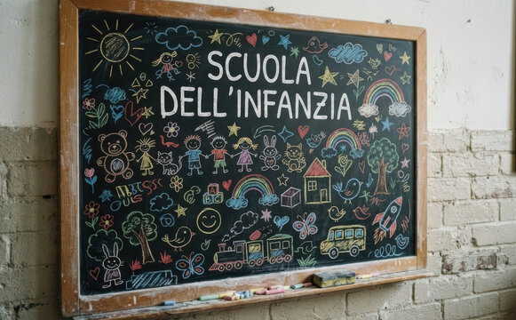 SCUOLA DELL'INFANZIA Disegni colorati con gessetti sulla lavagna per educazione infantile